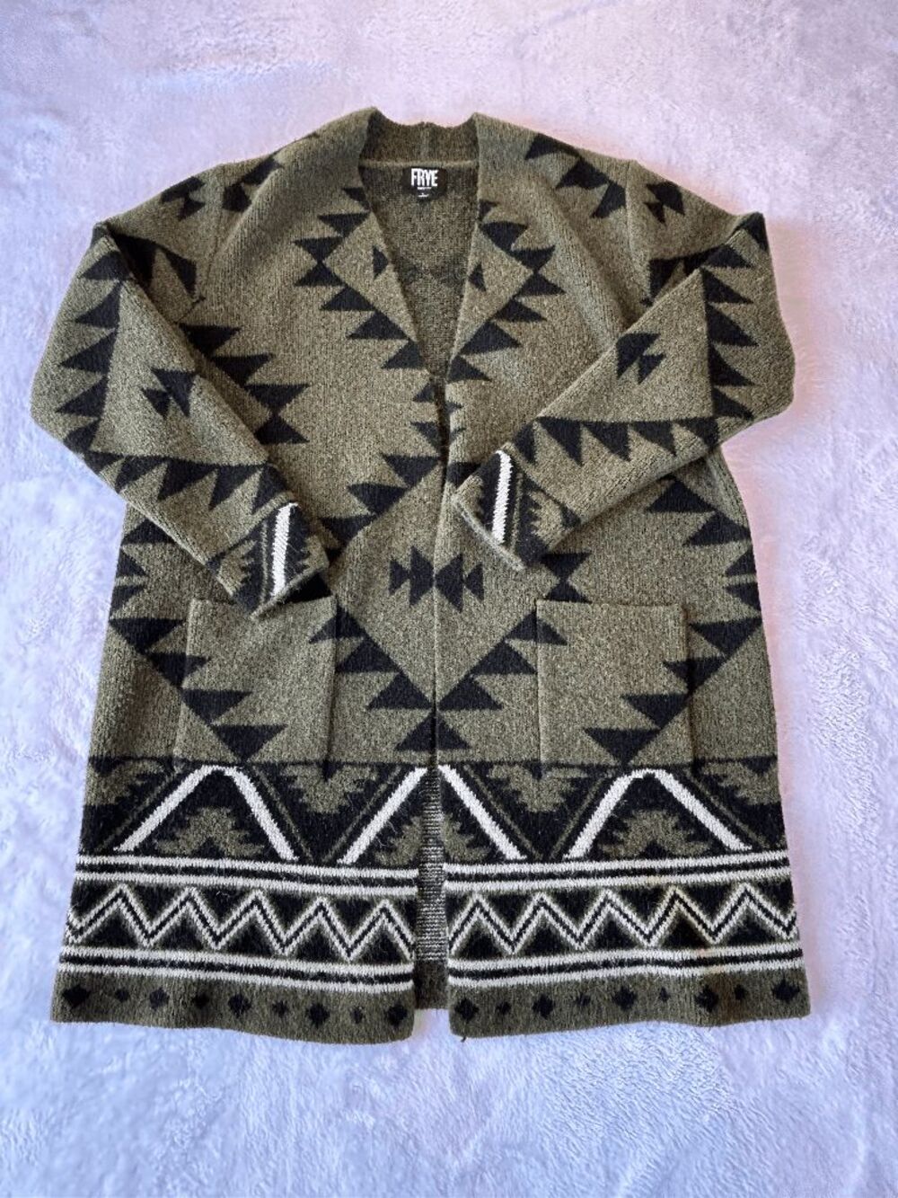 Frye Forest Green Long Open Geometric/ Southwestern Pattern Cardigan Size L